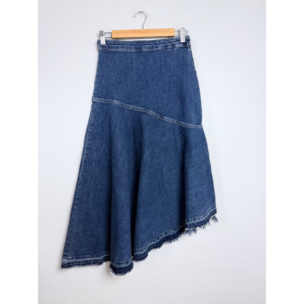 Zara Denim Asymmetrical Raw Hem Midi Skirt Medium Wash Blue Size Small
